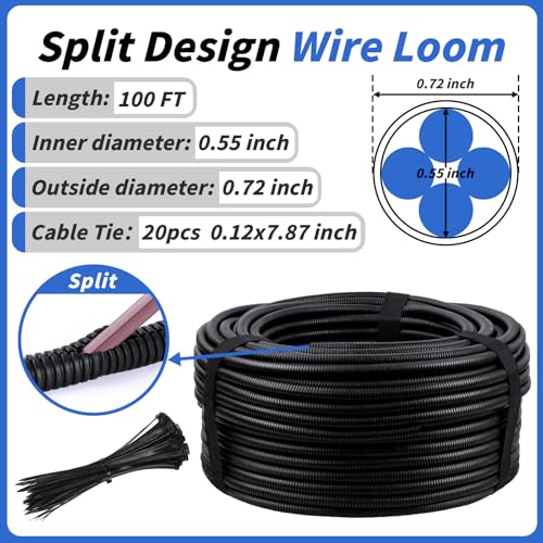 100FT Split Wire Loom Tubing, 3/4 Inch Wire Protector Tubing, Automotive Wire Flexible Conduit Cord Covers with 20 Cable Ties for Automotive Marine RV Agriculture Electrical Cable Protection - color: Black, size: 3/4in x 100ft