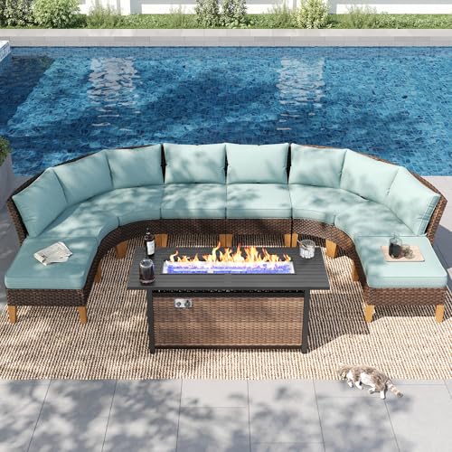 PHI VILLA 7-Piece Half Moon Patio Furniture Set with 56" Fire Pit Table, Outdoor Wicker Sectional Sofa with Cushions, Large Curved Conversation Seating for Garden or Backyard, Aqua Blue - color: Aqua Blue+fire Pit, size: 8 Seats - Round