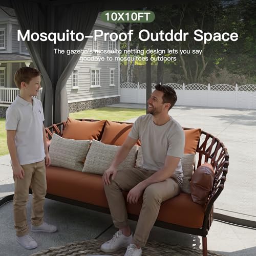 Aoxun 10x10 Outdoor Gazebo with 50FT LED Lights, Metal Frame Canopy Gazebo Double Roof Heavy Duty Patio Gazebo, Backyard Gazebo with Mosquito Netting & Waterproof Curtains for Garden Lawn (Gray) - color: Gray, size: 10 X 10 w/Lights