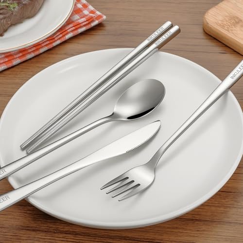 Travel cutlery set, 18/8 stainless steel cutlery, Reusable utensils set with case, Portable Silverware Lunch Box for Camping and Office-Stainless steel - color: Stainless Steel