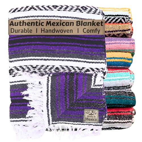Del Mex Classic Mexican Blanket, Large Authentic Woven Falsa Throw (70"x50"), Artisan Southwest Décor for Beach, Yoga, Outdoors (Purple) - color: Purple