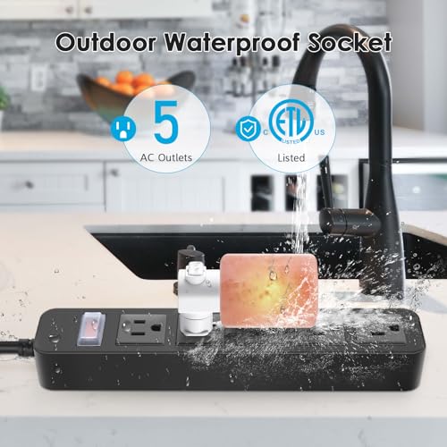 Outdoor Power Strip Waterproof with 5 Outlets, Garden Weatherproof Surge Protector, Christmas Multiple Outlet Exterior Socket for Lighting Appliances. 5FT Extension Cord Strip with Flat Plug. Black - size: 5ft, style: 5 Outlets