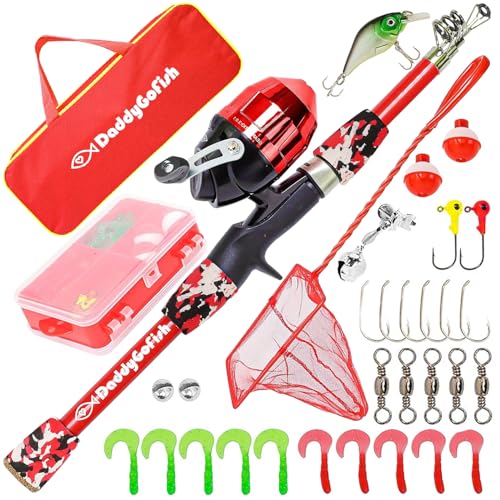DaddyGoFish Kids Fishing Pole - Rod Reel Combo Tackle Box Starter Set - First Year Small Gear Kit for Boys Girls Toddler Youth Age Beginner Little Children - color: Red (Essential Set), size: 5ft