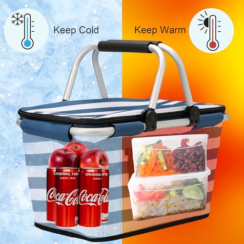SIYUAN Picnic Basket with Handles 30L Large Stripped Insulated Cooler Leakproof Grocery Shopping Market Tote for Family Blue White - color: Blue White
