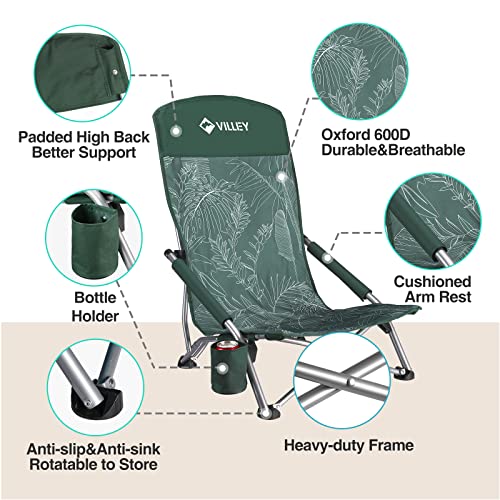 VILLEY Low Beach Chair, High Back Folding Adult Chair, Lightweight & Portable for Outdoor, Beach, Camping, Lawn, Music Festival, with Cup Holder & Carry Bag - Vintage Green Leaves - color: Vintage Green Leaves