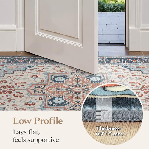 Rugflix 2x6 Runner Rug for Hallway, Washable Kitchen Runner Non Slip, Vintage Low Pile Entryway Carpet, Soft Stain Resistant Long Laundry Room Rug for Stairs, Bedroom, Blue Orange - color: Blue Orange, size: 2' x 6' (Runner)
