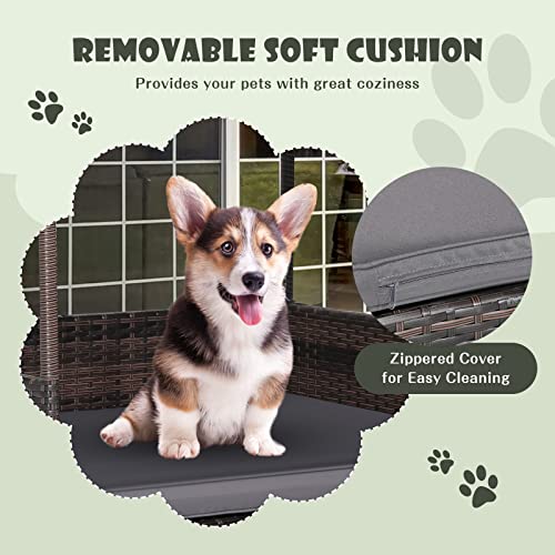 Giantex Wicker Dog House, Raised Rattan Dog Bed with Waterproof Roof, Washable Cushion Cover, Steel Frame, Indoor Outdoor Elevated Dog Bed Pet House for Small Medium Dogs Cats, Easy Assembly - style: Brown House & Gray Cushion