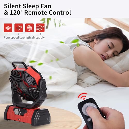 Battery Powered Fan Portable,20000mAh Rechargeable Camping Fan with LED Lantern,Auto-Oscillating USB Personal Battery Operated Fans Portable for Tens & Hanging Hook (Red) - color: Red