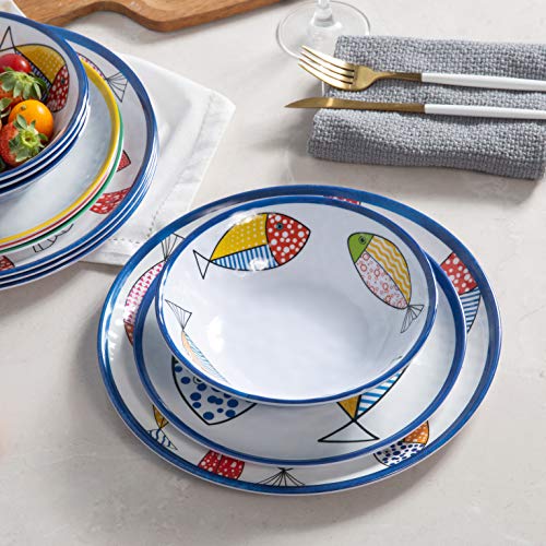 Melamine Dinnerware set for 4, Plates and Bowls Sets, Great for Camper, RV, Indoors Outdoors Use with Ocean Printed, Unbreakable - color: Blue Fish