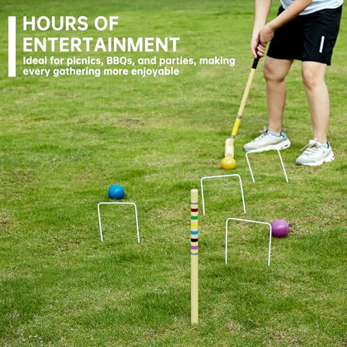 28" Croquet Set for 6 Players - Premium Wooden Mallets, Colored Balls & Carry Bag - Outdoor Games for Adults/Families at Lawn, Beach, Yard Game,Anti-Slip Handle - color: Natural Wood-with Grip Tape
