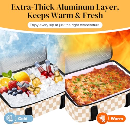 Coobiiya Insulated Casserole Carrier,Lasagna Lugger Tote Keeps Food Hot or Cold,Thermal Lunch Bag Warmer & Cooler Carrier Bag,Portable Tote Bag Fits 9" x 13" Baking Dish for Picnic and Cookout - color: Beige Grid, size: Single Layer: 15.75 × 11.8 × 4.7 in