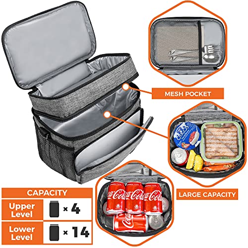 opux Insulated Lunch Bag for Men Women, Large Dual Compartment Cooler Bag, Soft Two Deck Lunch Box for Work School Picnic, Leakproof Lunch Tote with Shoulder Strap for Kid Adult (Gray, Double Deck) - color: Heather Gray, size: Double Deck