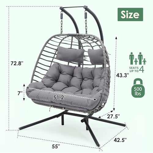 Double Egg Swing Chair with Stand for Outdoor, Patio Hand Made Rattan Wicker 2 Double Hanging Egg Chairs Hammock Chair with UV Resistant Cushion and Metal Frame, Porch Swing Loveseat for Backyard - color: Charcoal