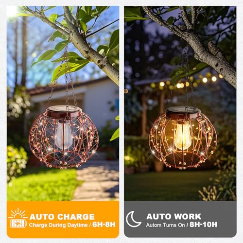 Hanging Solar Lanterns Outdoor Waterproof, Vintage Copper Hanging Lights, Solar Chandelier for Yard Garden Gazebo Pergola Porch Decor, 2 Pack