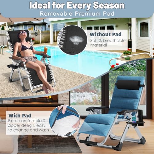 Slsy Zero Gravity Chair, Reclining Lounge Chair with Removable Cushion & Tray for Indoor and Outdoor, Patio Recliner Folding Reclining Chair - color: Linen Ocean Blue, style: Zero Gravity Chair