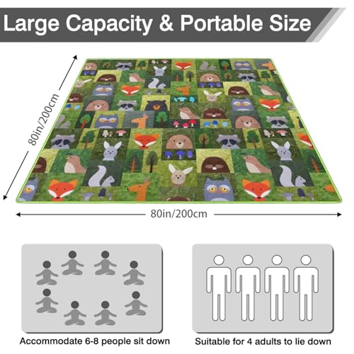Supfitness Extra Large Picnic Blankets Waterproof Foldable (80 "x 80") Beach Blanket Waterproof Sandproof,3-Layer Thicking Mat Outdoor Packable Camping Blanket - color: Green-animal, size: 6'8" x 6'8" (Square)