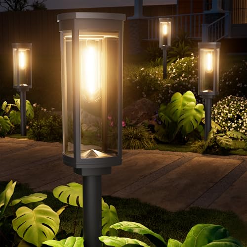 NEWMESSI 4 Pack Solar Pathway Lights Outdoor, Modern Super Brightness LED Solar Path Lights, IP65 Waterproof Garden Solar Powered Landscape Lighting for Outside Yard Garden Driveway Walkway Décor - color: Round Warm White, size: 4 Pack