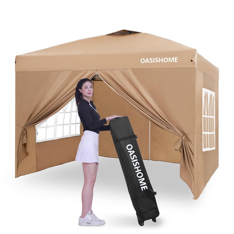 OASISHOME Pop-up Gazebo Instant Portable Canopy Tent 10'x10', with 4 Sidewalls, Windows, Wheeled Bag, for Patio/Outdoor/Wedding Parties and Events (10FTx10FT, Khaki) - color: Khaki
