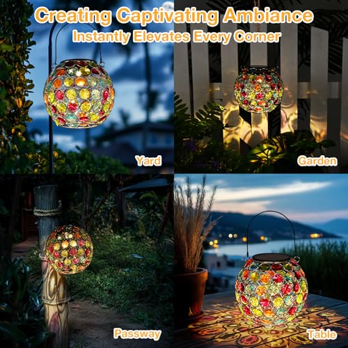 Uspring 2 Pack Crystal Mosaic Solar Lanterns Outdoor Waterproof Decorative Hanging Solar Lights for Outside, Gifts for Women Mom Grandma Garden Decor for Patio Backyard Porch Pathway Lawn Walkway, Red - style: Red - 2Pack