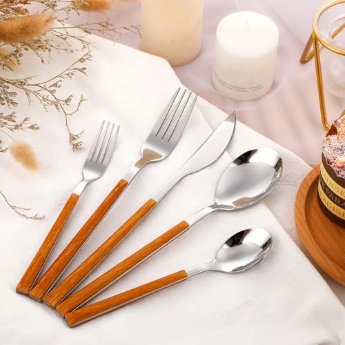 Coume 40 Pcs Wood Handle Silverware Set Stainless Steel Cutlery Set with Imitation Wood Grain Handle Silver Mirror Polished Dishwasher Safe for Household Kitchen Utensil Restaurant Hotel Party