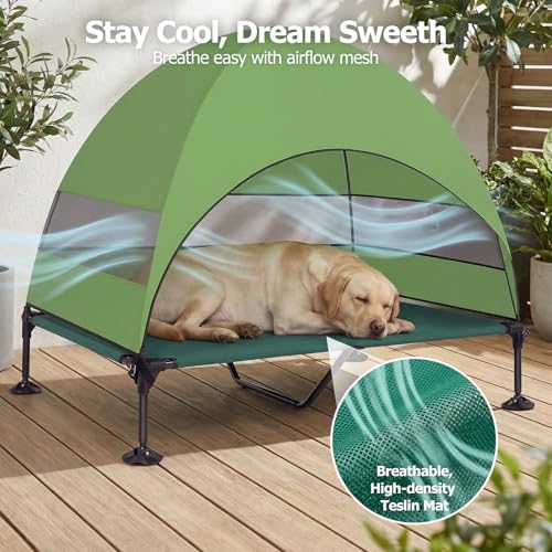 Elevated Dog Bed with Upgraded Canopy, Raised Outdoor Dog Tent with Powerful Anti-Slip Feet, Portable Pet Cot with Larger Shade, Raised Cooling Bed for Camping, Backyard, Beach, Poolside - color: Green, size: X-large: 50.0"l X 32.0"w X 42.5"th