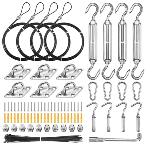 NEREUS Sun Shade Sail Hardware Kit with 12FT Vinyl Coated 304 Stainless Steel Wire Rope for Triangle Rectangle Sun Shade Sail Installation, Shade Sail Installation Kit for Outdoor Patio Garden