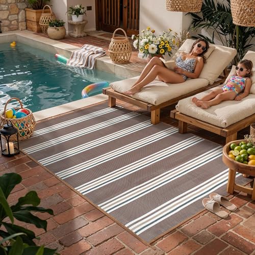 PureCozy Outdoor Waterproof 5x8 Rug for Patio Reversible Plastic Straw Brown Striped Camping Mat Outside Lightweight Large Floor Mat for RV Deck Beach Balcony Picnic Backyard Entry Porch - color: Stripe | Brown, size: 5' x 8' (Rectangular)