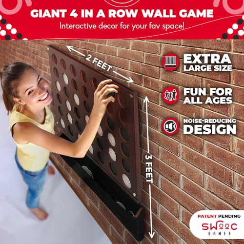 Swooc Games® - Wall Mounted Giant 4 in A Row - 60% Quieter - Jumbo Size Wall Games - Game Room Game, Accessories and Decor - Garage and Basement Decor - Large Connect - Four in a Row for Kids & Adults