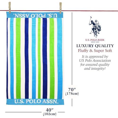 U.S. Polo Assn. 2-Pack Luxury Plush Cotton Oversized (40" x 70") Beach Towels, Striped Nautical Design, Hotel Quality for Bath & Pool- Dark Blue/Light Green - color: Dark Blue/Light Green, size: 40" x 70"