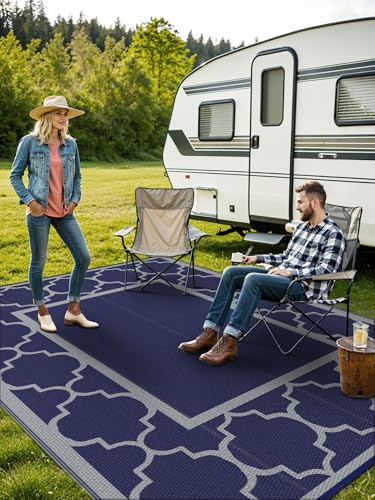 GENIMO Outdoor Rug 8' x 10' Patio Waterproof, Foldable Reversible Plastic Straw Area Rugs Mat for Camper Decor, Outside Carpet for Rv, Deck, Porch, Picnic, Beach, Balcony, Blue & Grey - color: Blue & Grey, size: 8' x 10' (Rectangular)