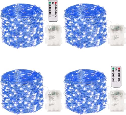 4 Pack 100 LED Fairy Lights Battery Operated with Remote, 33FT Waterproof Twinkle Lights with Timer & 8 Modes, Fairy String Lights Outdoor Indoor for Bedroom Classroom DIY Christmas Decor (Blue) - color: Blue, size: 4 Pack
