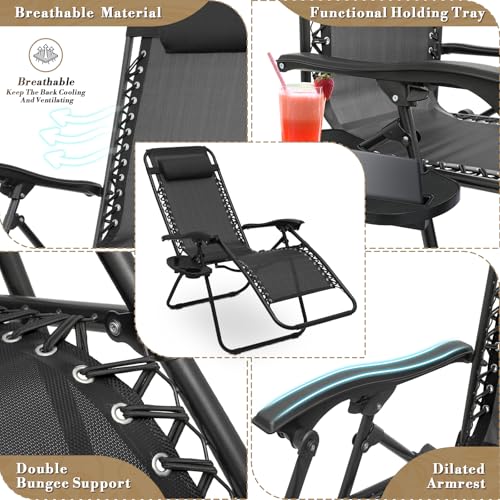 Athena Collection Zero Gravity Outdoor Lounge Chair Set of 2 with Side Table, 29" Width Pool Lounge Lawn Chairs Reclining with Cup Holder, Outdoor Chaise for Beach Patio Backyard Outside, Blue - color: Black, style: 29" Width