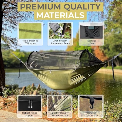 ADVOKAIR Camping Hammock with Mosquito Net and Rain Fly, Up to 500lbs, Ultralight and Portable Nylon Travel Hanging Hammock with Tree Straps, Perfect for Outside, Backpacking, Hiking and Backyard - color: Green Bundle, size: 118"L x 71"W