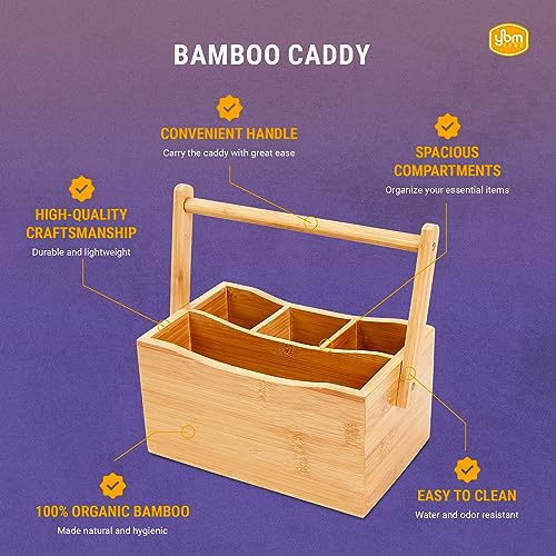 YBM HOME Bamboo Flatware Utensil Caddy with Napkin Holder and Handle, Wood Picnic Basket for Kitchen and Camping Trip, 336