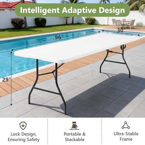 8FT Folding Table, Heavy Duty Plastic Fold-in-Half Utility Table with Handle, Portable Camping Picnic Table with Steel Legs for Indoor Outdoor Party, Dining, White - color: White, size: 8FT