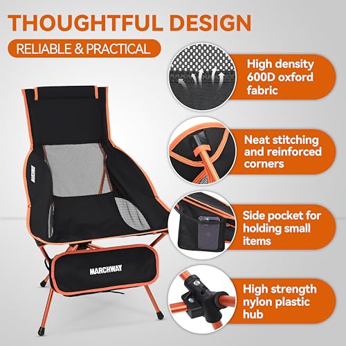 MARCHWAY Lightweight Folding High Back Camping Chair with Head Support, Stable Portable Compact for Outdoor Camp, Travel, Beach, Picnic, Festival, Hiking, Backpacking (Highback Orange) - color: Highback Orange