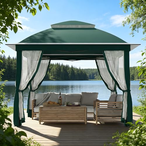 11'X11' Gazebo Pop Up with 4 Sidewalls Mosquito Netting, Heavy Duty Patio Gazebo Canopy Tent with Double Air Roofs for Backyards, Patios, Decks, Gardens, Parks - color: Green Top