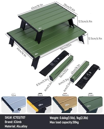 iClimb Ultralight Compact Mini Beach Picnic Folding Alu. Table with Carry Bag, Two Size (Green, S) - color: Green, size: Small