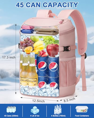 Pritent Cooler Backpack for Men Women Insulated Waterproof Backpack Cooler Leak Proof Cooler Bag Lightweight Lunch Backpack for Camping Beach Travel Picnic - color: Pink, size: 45 Cans
