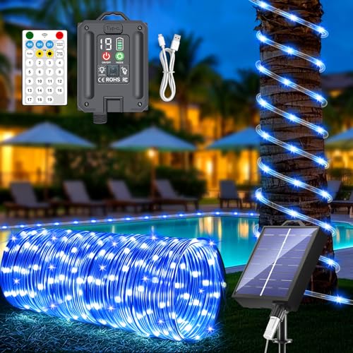 New Upgraded Solar Rope Lights Outdoor Waterproof 19 Modes 300 LED 105ft Solar String Lights with Remote Timing Dimmable Tube Light for Outside Pool Tree Patio Yard Christmas Decoration (300LED-Blue) - color: 300LED-Blue