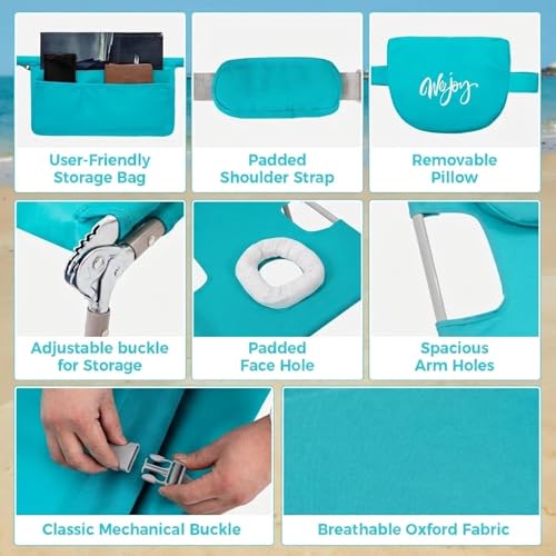 #WEJOY Folding Tanning Chair with Face Hole, 5 Positions Face Down Beach Lounge Chairs with Pillow for Outside Sunbathing Poolside (Cyan) - color: Readease-face Hole Cyan, style: ReadEase 5 Position Face Hole