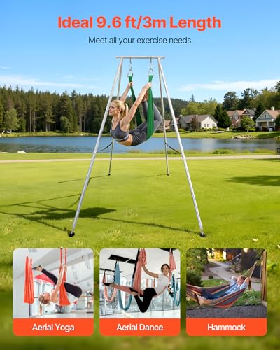 VEVOR Yoga Stand Frame, Max 441-551 lbs Load Swing Stand, Triangular Structure Aerial Rig, Aerial Silk Stands with Yoga Hammock, Standard & Height-Adjustable Version - color: Steel Silver, style: Standard Version