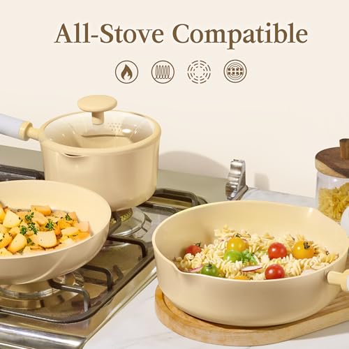CAROTE Ceramic Cookware Set Nonstick, 9pcs Pots and Pans Set Non stick, Non-Toxic & PFAS-Free,Dishwasher, RV/Camping Cookware Set,Sauce Pan with Lid, Yellow - color: Yellow, size: Saucepan