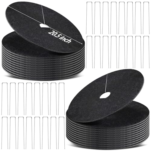 24 Pack Non-Woven Tree Mulch Ring 20.5 Inch Degradabl Tree Protection Mat Weed Barrier Round Mats with 32 Staples Stakes for Weed Growth RootProtection Resistant and Reusable - color: Black 20.5IN
