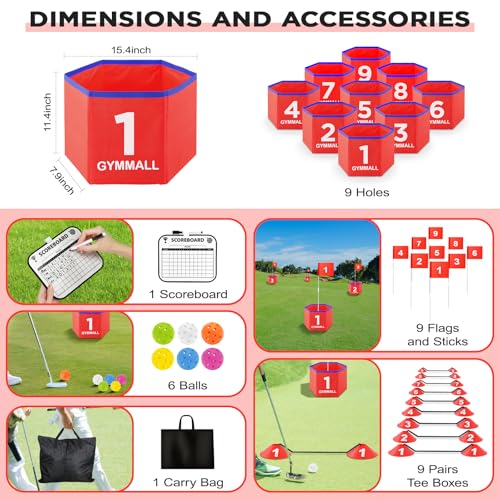 Golf Bucket Yard Game, Backyard Golf Set for Kids, Adults and Family, Outdoor and Indoor Portable 9 Holes Golf Course with Balls, Flags and Carry Bag for Lawn, Park, Beach and Hotel - Red - color: Red, size: 9 Holes