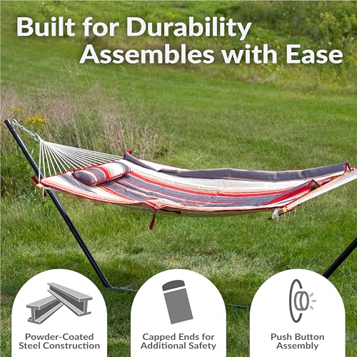 Sunnydaze Rope Hammock with Stand for Outside - Heavy Duty Freestanding Portable Outdoor Hammock Set with Quilted Pad, Pillow, and 12-Foot Steel Frame - 275 lb Capacity - Modern Lines - color: Modern Lines