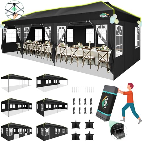 COBIZI 10x30 Pop Up Canopy Tent with 8 Removable Sidewalls, One Push Party Tent Outdoor Waterproof Event Canopy with Air Vent for Parties Commercial Wedding, 3 Height, Roller Bag, Sandbag, Black - color: Black, size: 10x30