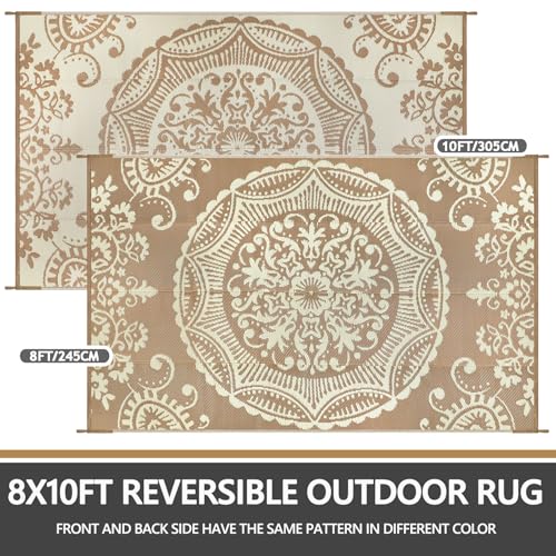 Capslpad Outdoor Rug 8x10 Patio Waterproof Boho Floral Plastic Straw Rug Large Foldable Vintage Outside Carpet with Carry Bag for RV Backyard Balcony Bench Picnic Porch, Beige - color: Light Beige, size: 8' x 10' (Rectangular)