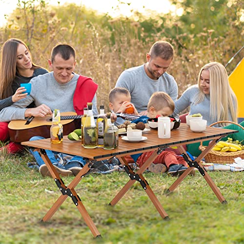 COSTWAY Folding Picnic Table, Roll-Up Aluminum Camping Table with Wood Grain, Portable Low Height Beach Table with Carry Bag for Camping, Picnic, BBQ & Hiking, Easy Assembly, Natural (47” x 23” x 18”)
