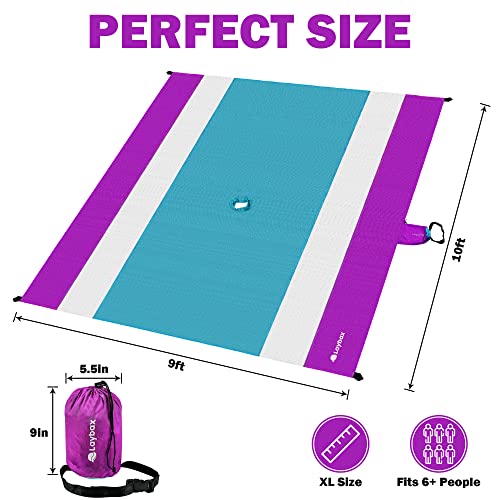 Purple Water-Resistant, Sandproof 10x9ft Beach Blanket With Umbrella Hole–Beach Mat, Compact and Lightweight, Stuff Sack, 4 Stakes, Sand Pockets, Works with Beach Canopies, Umbrellas, Kids Tent - color: Purple, size: 9x10